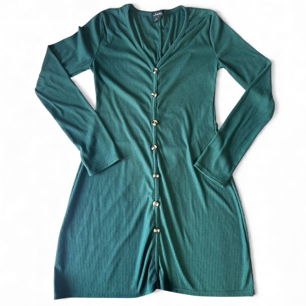 Justify Ribbed Button Front Bodycon Midi Dress Long Sleeve Green V-Neck M